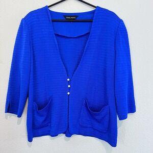 Ming Wang cobalt blue knit cardigan jacket 3/4 sleeves pockets L Shoulder Pads